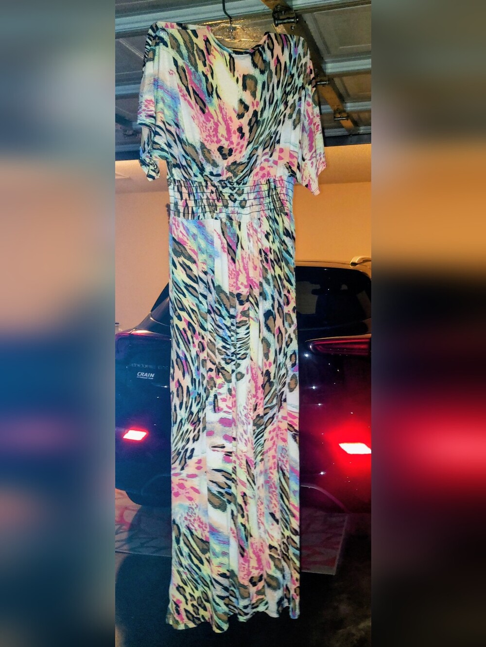 MOA MOA. ABSTRACT MAXI DRESS BRUSH STROKE ANIMAL PRINT.SMOCKED ELASTIC WAIST.